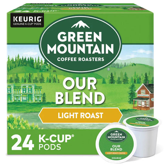 Green Mountain Our Blend Keurig K-Cups by KupofK Coffee, packed in a 24-count box, with vibrant green packaging and coffee pods.