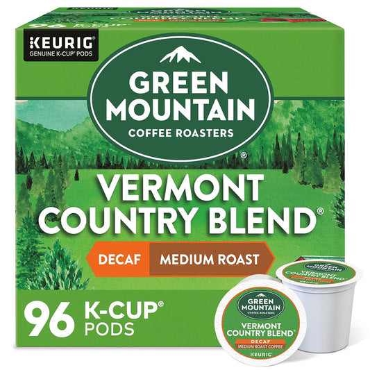 KupofK Coffee Green Mountain Vermont Country Blend Decaf coffee pods in a box, ready for brewing.