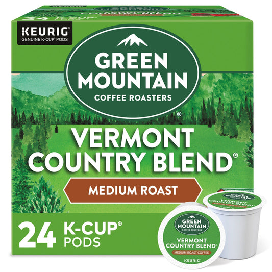 Green Mountain Vermont Country Blend K-cups by KupofK Coffee, 24-pack, with green packaging and brewed coffee cups.