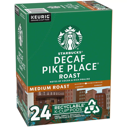 KupofK Coffee Starbucks Decaf Pike Place coffee pods in a box, ready for brewing, with the Starbucks logo visible.