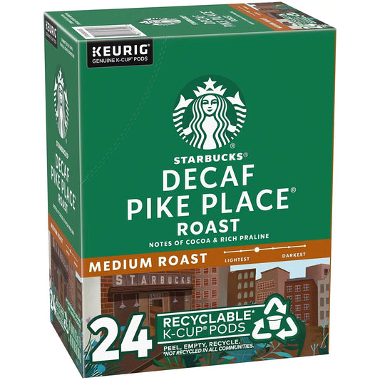 KupofK Coffee Starbucks Decaf Pike Place coffee pods in a box, ready for brewing, with the Starbucks logo visible.