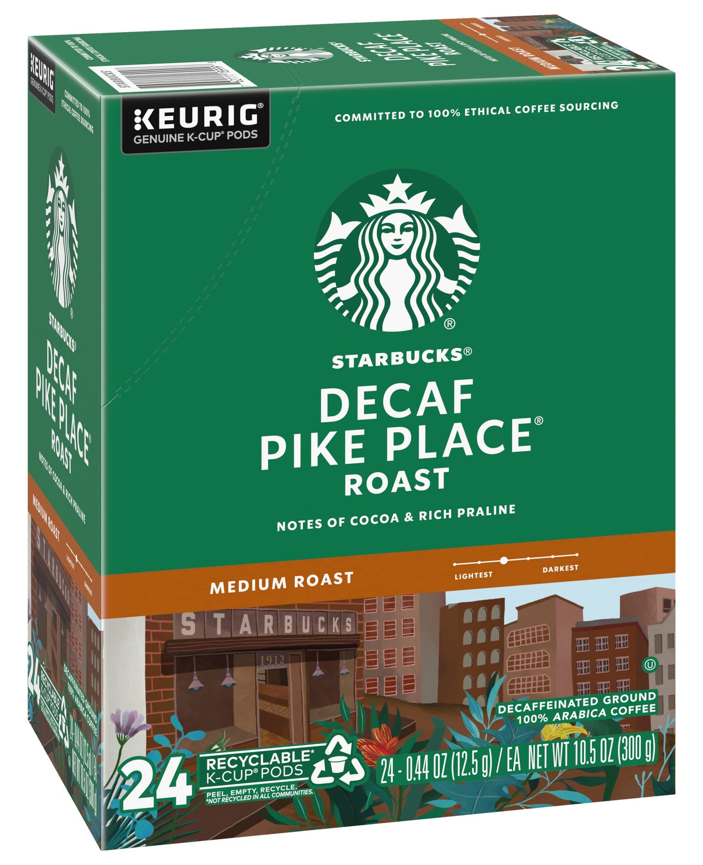 KupofK Coffee Starbucks Decaf Pike Place coffee pods in a 24-count box, showing the packaging and branding.
