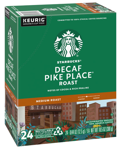 KupofK Coffee Starbucks Decaf Pike Place coffee pods in a 24-count box, showing the packaging and branding.