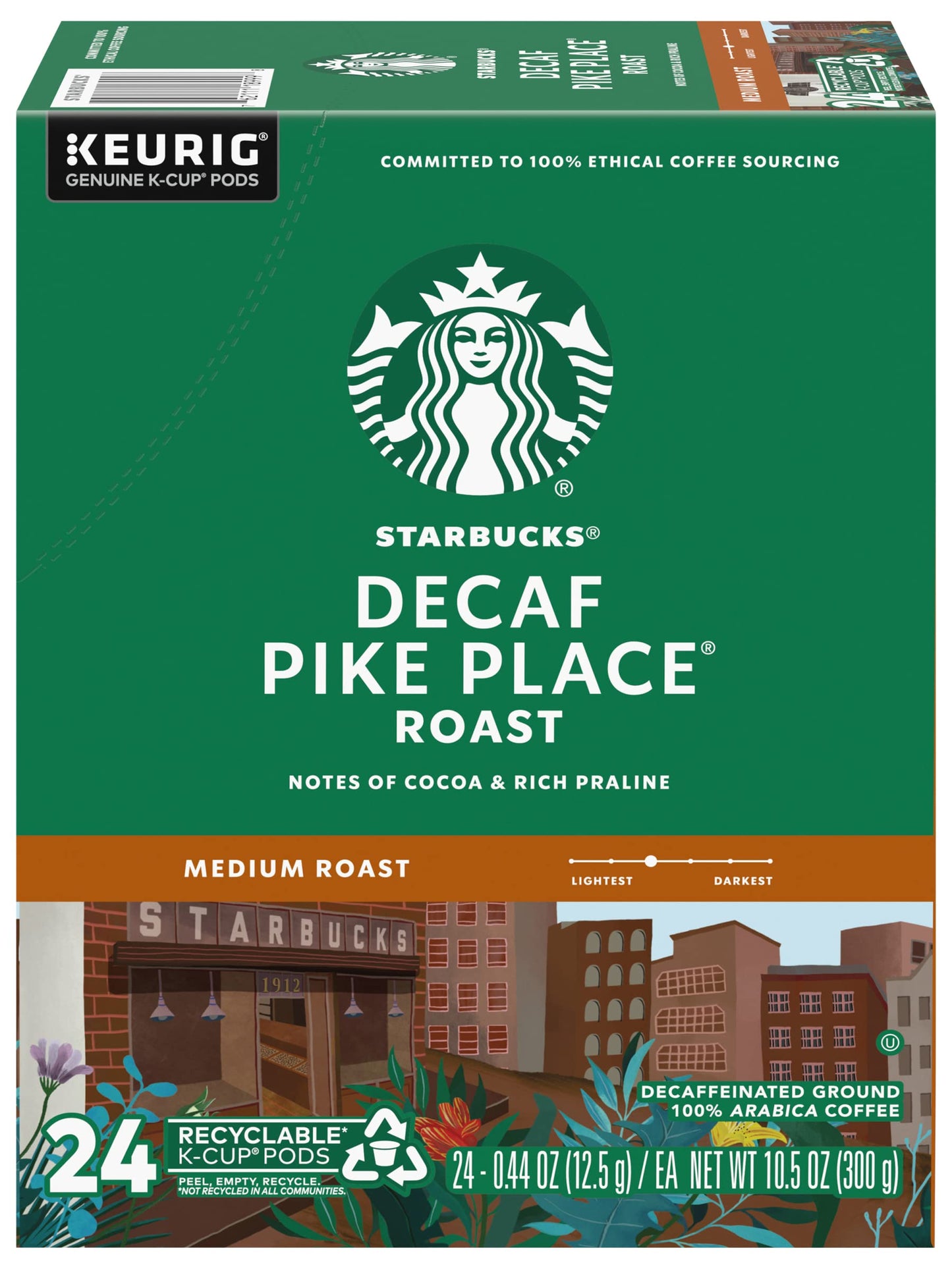 KupofK Coffee Starbucks Decaf Pike Place coffee packets, 24-count, with branding and product packaging visible.