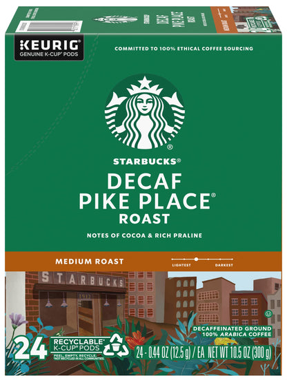 KupofK Coffee Starbucks Decaf Pike Place coffee packets, 24-count, with branding and product packaging visible.