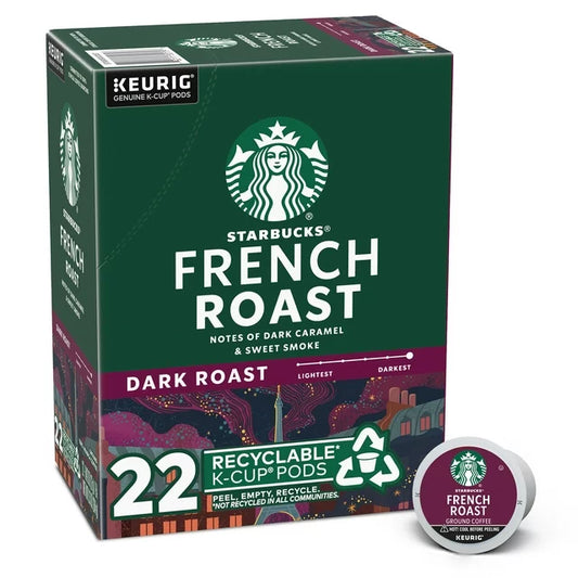 KupofK Coffee Starbucks French Roast Keurig K-Cups, dark roasted coffee pods in a box, ideal for brewing rich, bold coffee.