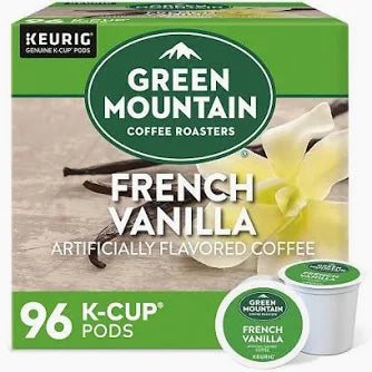 Green Mountain French Vanilla coffee K-cups by KupofK Coffee in a sampler box, perfect for Keurig single-serve coffee makers.