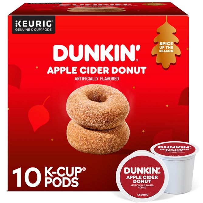 KupofK Coffee Dunkin Apple Cider Donut flavored K-cups for coffee brewing, featuring a colorful package with apple and donut imagery.