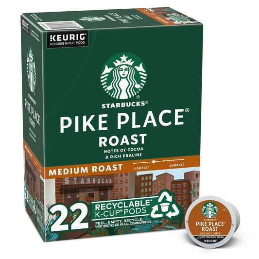 KupofK Coffee Starbucks Pike Place Roast K-cups for coffee makers, 10-count box of rich, smooth ground coffee capsules.