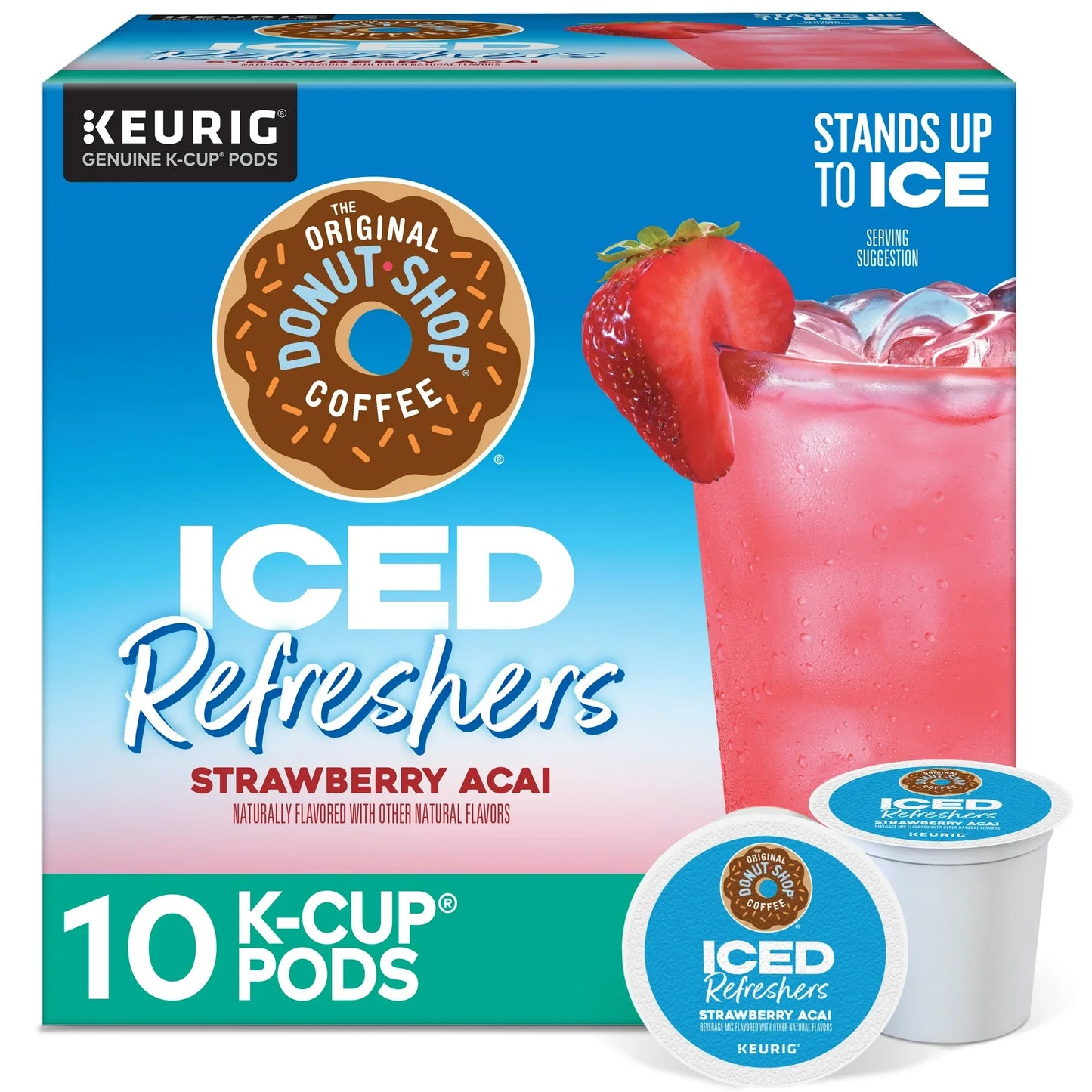 KupofK Coffee The Original Donut Shop Iced Refreshers Strawberry Acai flavored coffee, with a vibrant package and refreshing drink.