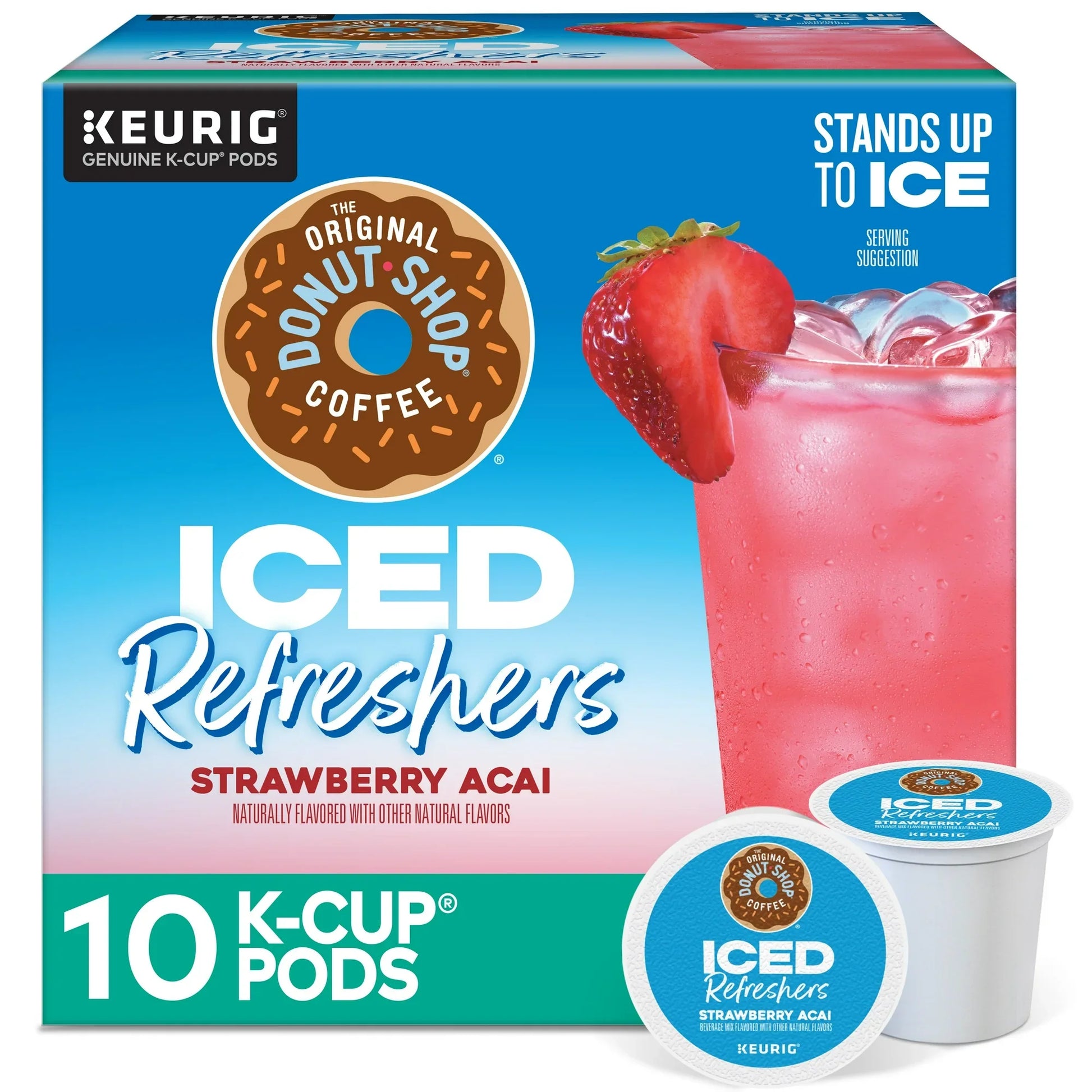 KupofK Coffee The Original Donut Shop Iced Refreshers Strawberry Acai flavored coffee, with a vibrant package and refreshing drink.