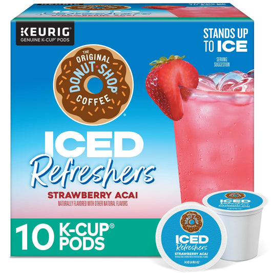 KupofK Coffee The Original Donut Shop Iced Refreshers Strawberry Acai flavored coffee, with a vibrant package and refreshing drink.