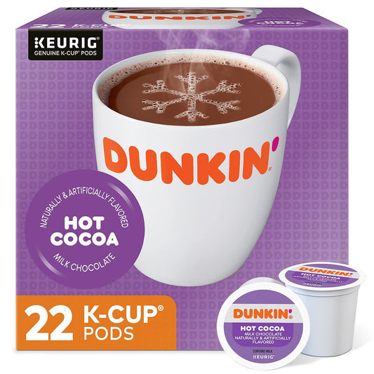 KupofK Coffee Dunkin Hot Cocoa Milk Chocolate K-cups for coffee brewing, featuring rich milk chocolate flavor and convenient single-serve pods.
