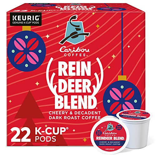 KupofK Coffee Reindeer Blend K-cups, coffee pods in a box, featuring festive packaging for Caribou Coffee Reindeer Blend.