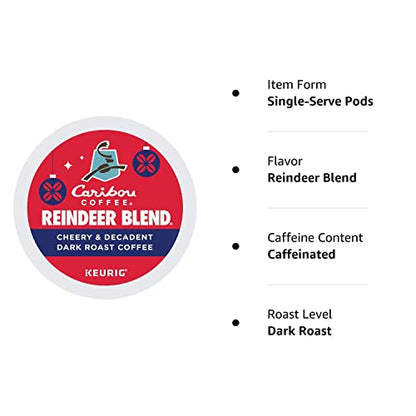 KupofK Coffee Caribou Reindeer Blend K-cups for coffee brewing, featuring festive packaging and rich coffee aroma.