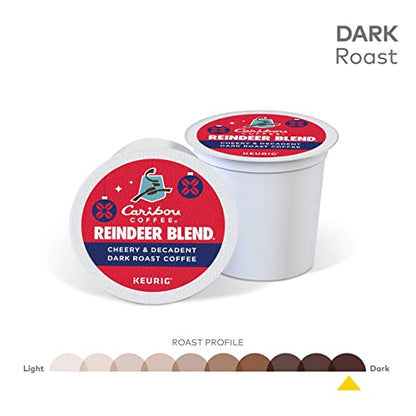 KupofK Coffee Reindeer Blend K-cups for coffee makers, featuring festive packaging and rich Caribou Coffee flavor.
