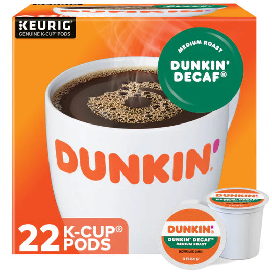 KupofK Coffee Dunkin Decaf Medium Roast K-cups for coffee brewing, 22 count, smooth and flavorful decaffeinated coffee pods.