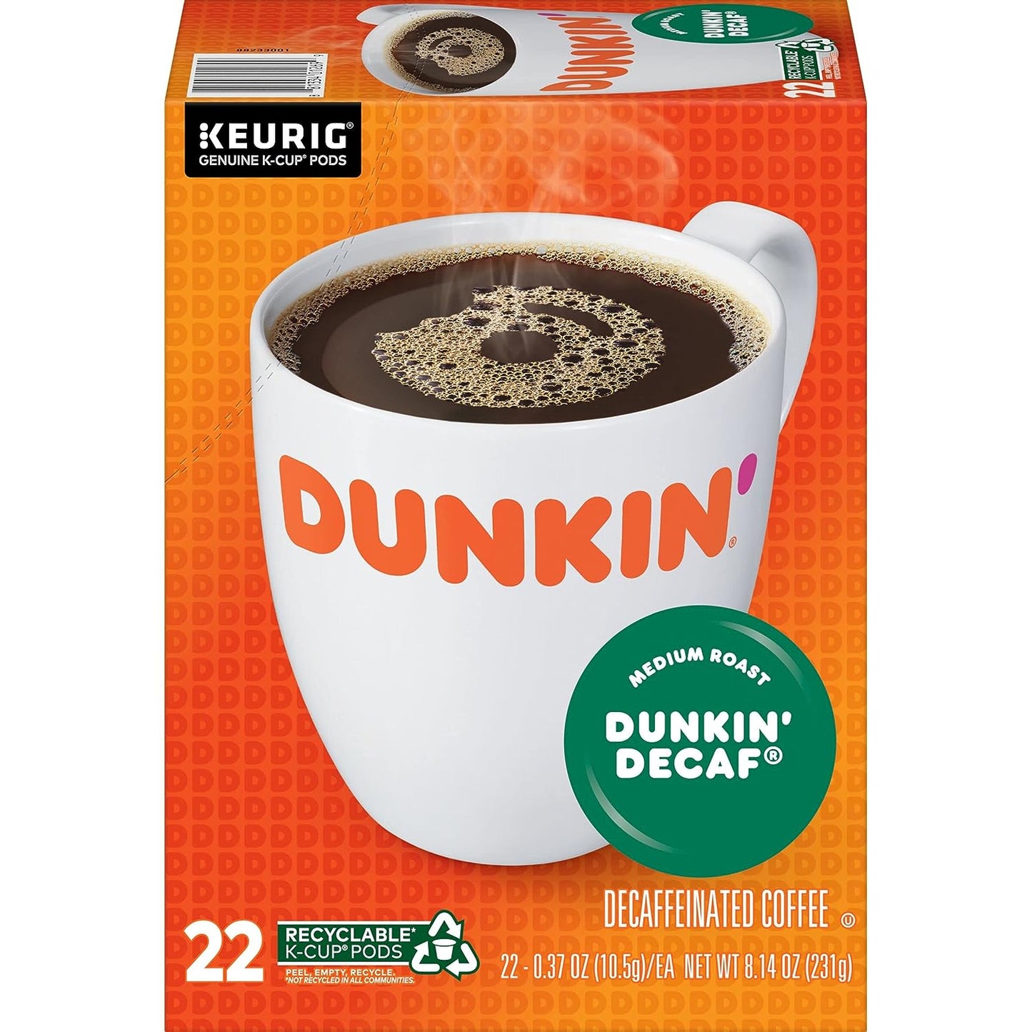 KupofK Coffee Dunkin Decaf Medium Roast K-cups for coffee makers, 22-count box featuring rich decaffeinated coffee.