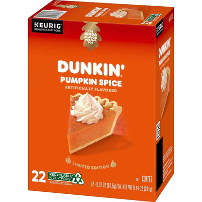 KupofK Coffee Dunkin Donuts Pumpkin Spice K-cups for coffee, showing 22-pack with pumpkin spice flavor packaging.