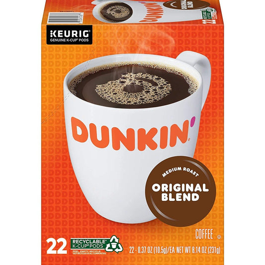 KupofK Coffee Dunkin Original Blend coffee K-cups, 22-count, in packaging showing the brand and product details.