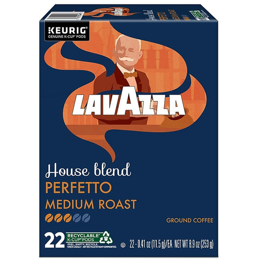 KupofK Coffee Lavazza House Blend Perfetto Espresso Roast coffee in a 22-count package, showcasing roasted coffee beans and packaging.
