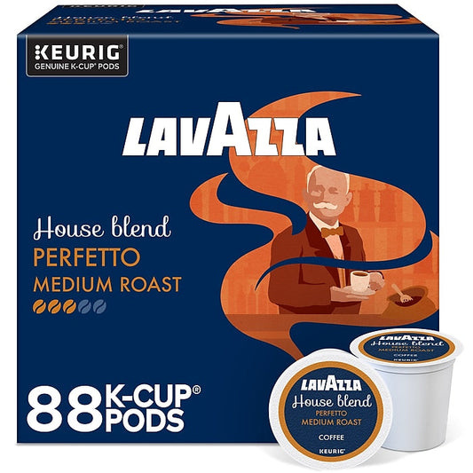 KupofK Coffee Lavazza House Blend Perfetto Espresso Roast coffee pack with 22 pods, showcasing coffee capsules in a natural setting.
