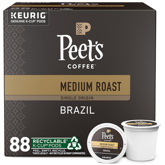 KupofK Coffee Peet's Brazil coffee K-cups in a box, showcasing 22 single-serve pods for rich, flavorful brewing