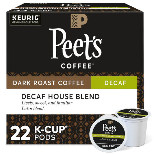 KupofK Coffee Peet's Decaf House Blend K-cups, single-serve coffee pods for Keurig machines, featuring decaffeinated rich coffee flavor.