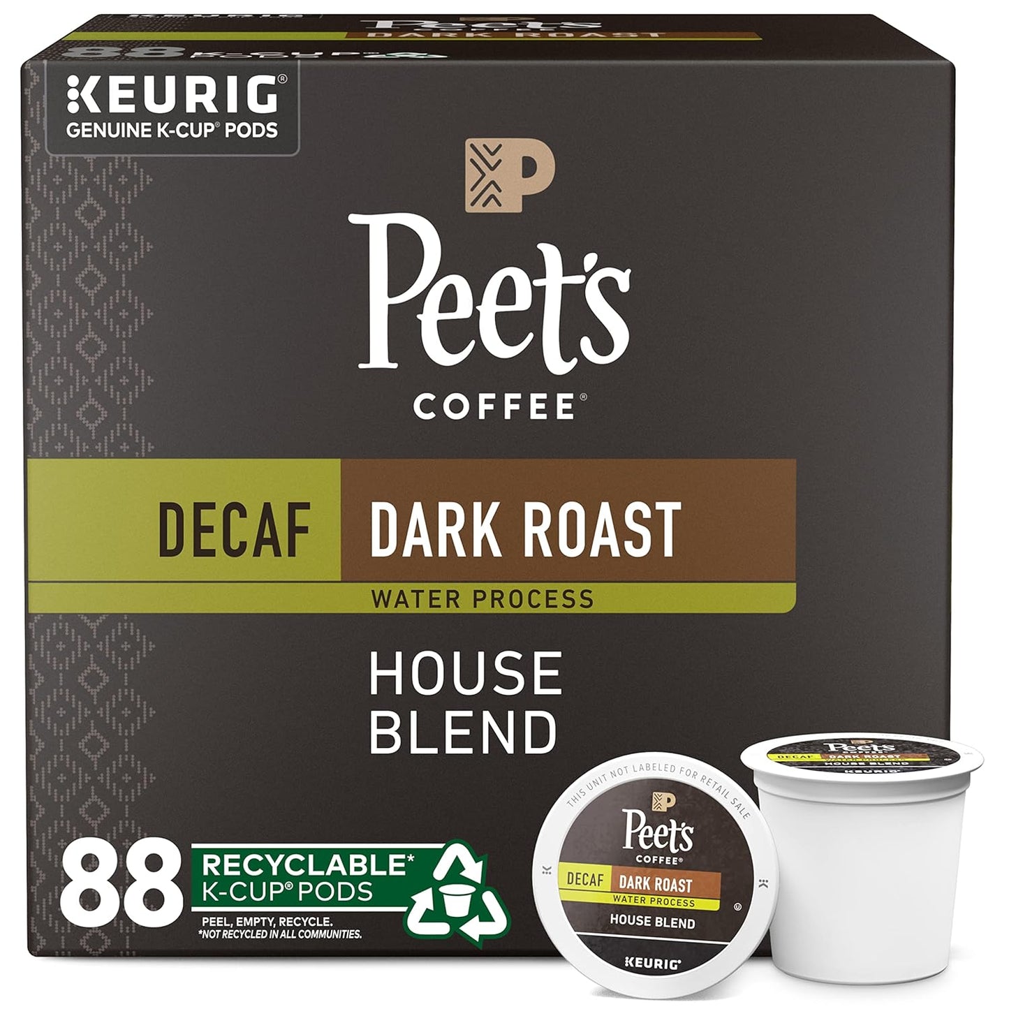 KupofK Coffee Peet's Decaf House Blend K-cups, single-serve coffee pods for Keurig brewers, in a box of 22 cups.