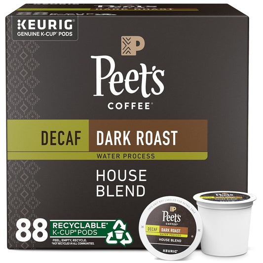 KupofK Coffee Peet's Decaf House Blend K-cups, single-serve coffee pods for Keurig brewers, in a box of 22 cups.