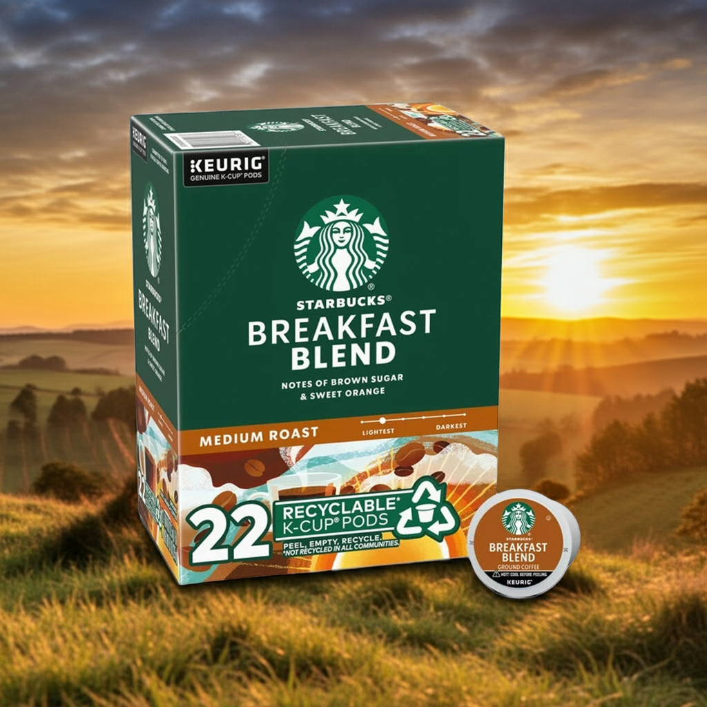 Starbucks Breakfast Blend coffee K-cups by KupofK Coffee, showing a box of single-serve coffee pods for Keurig machines