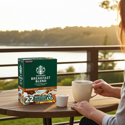Starbucks Breakfast Blend coffee K-cups by KupofK Coffee, showing a row of sealed coffee pods in a clear container.