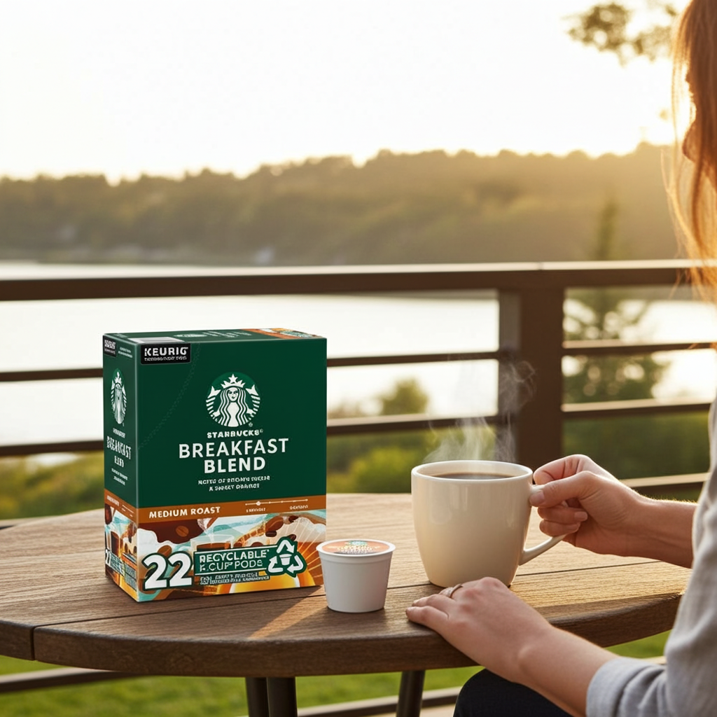 KupofK Coffee Starbucks Breakfast Blend K-cups for coffee brewing, showing a pack of aromatic coffee capsules.