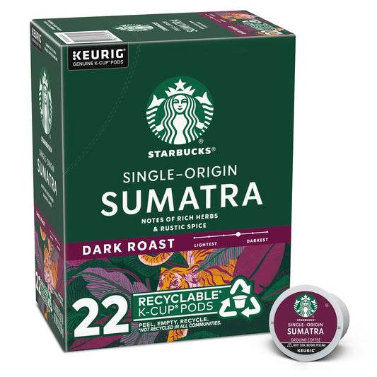 KupofK Coffee Starbucks Sumatra coffee pack with 22 single-serve capsules, featuring rich, dark roasted coffee beans.