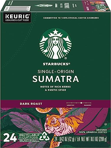 KupofK Coffee Starbucks Sumatra coffee pack with 22 individual coffee bags, showcasing rich, dark roasted coffee beans.