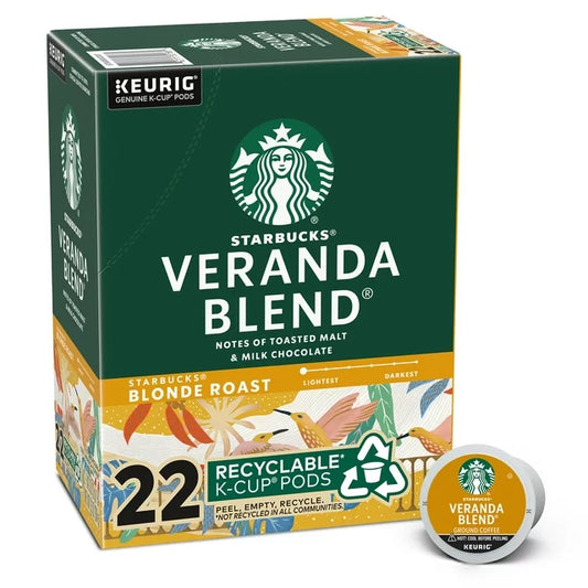 KupofK Coffee Starbucks Veranda Blend Keurig K-cups for coffee brewing, featuring a box of 22 single-serve coffee pods.