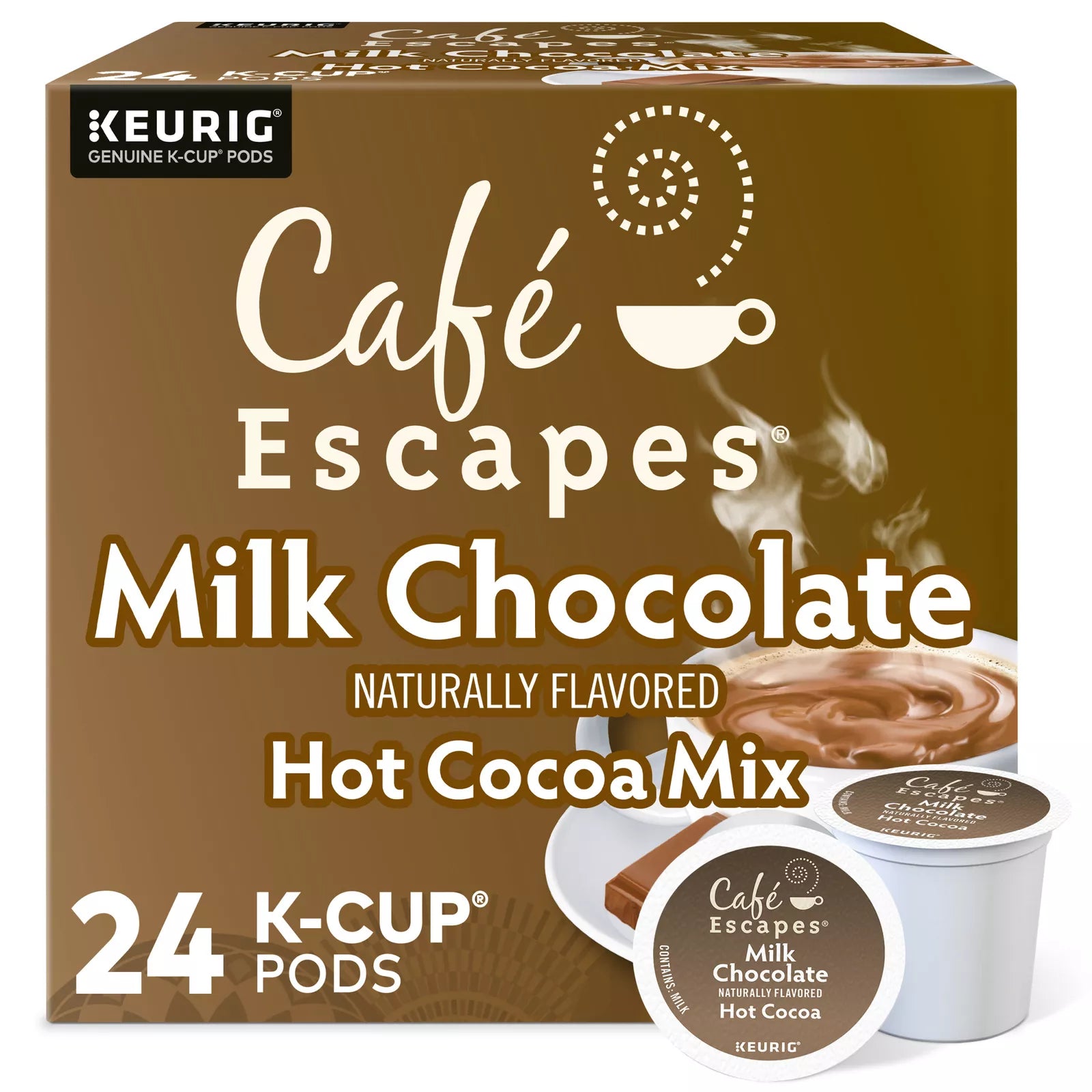 KupofK Coffee Cafe Escapes Milk Chocolate Hot Cocoa K-cups, single-serve coffee pods with milk chocolate flavor for hot cocoa.