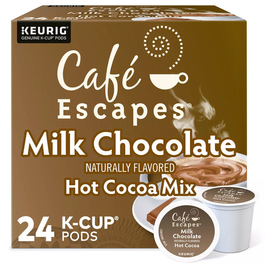 KupofK Coffee Cafe Escapes Milk Chocolate Hot Cocoa K-cups, single-serve coffee pods with milk chocolate flavor for hot cocoa.