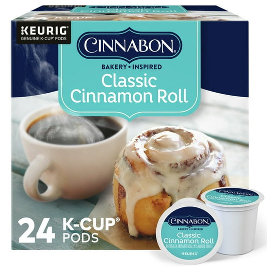 KupofK Coffee Cinnabon Classic Cinnamon Roll K-cups for coffee makers, featuring rich cinnamon flavor and aromatic brew.