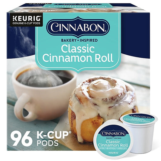 KupofK Coffee Cinnabon Classic Cinnamon Roll K-cups for coffee makers, featuring rich cinnamon flavor and aromatic coffee.