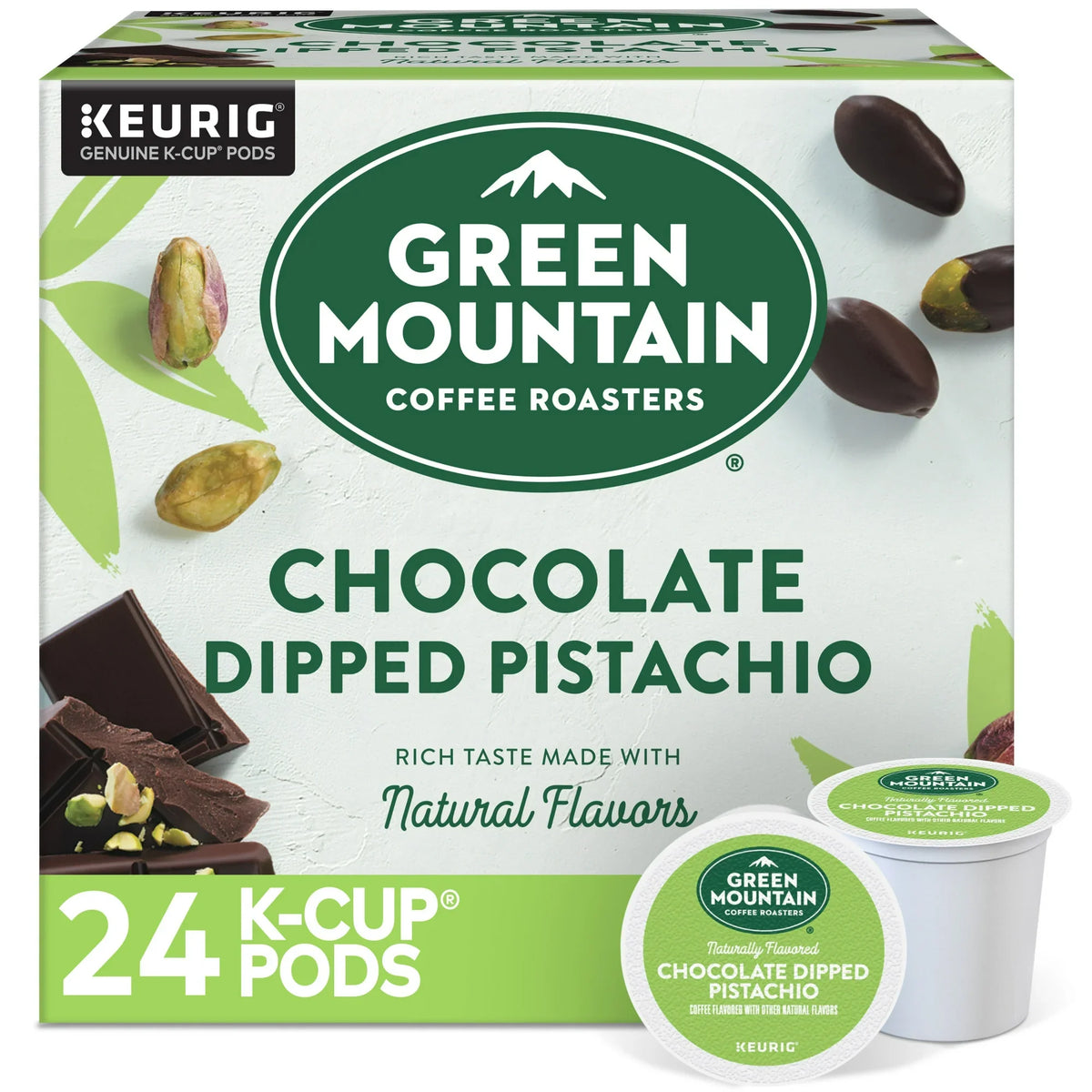Green Mountain Chocolate Dipped Pistachio K-cups by KupofK Coffee, fresh coffee pods with rich chocolate and pistachio flavor.