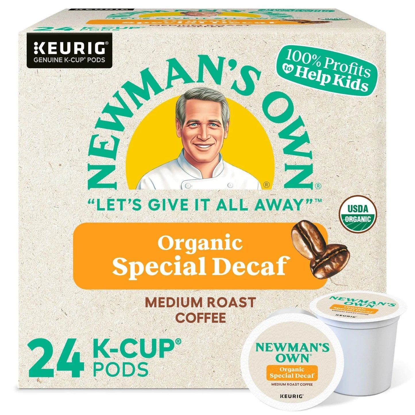 KupofK Coffee Newman's Own Organics Special Blend Decaf Coffee K-cups in a box, ready for brewing.