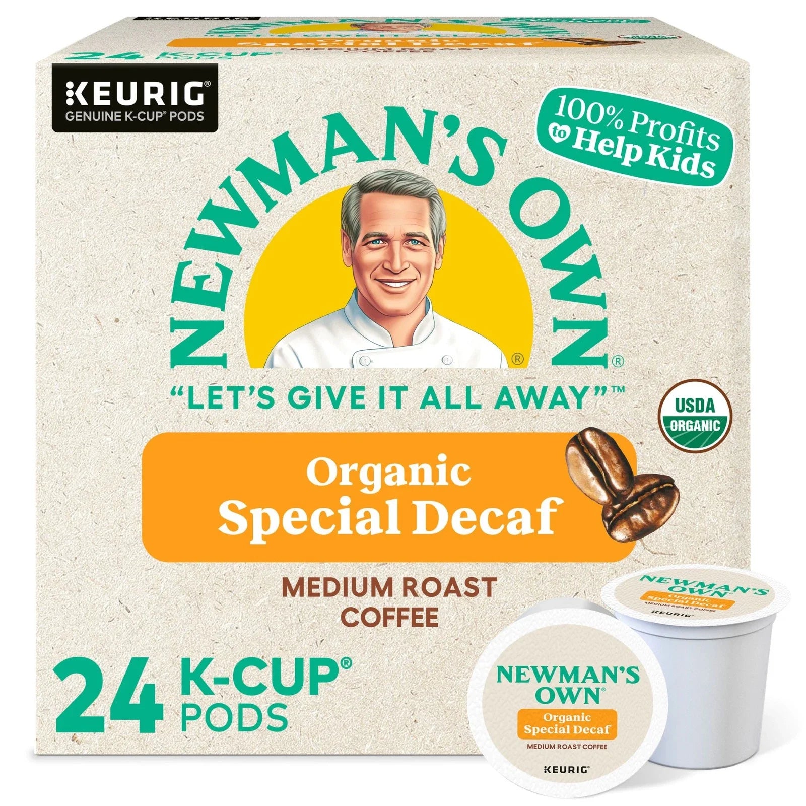 KupofK Coffee Newman's Own Organics Special Blend Decaf Coffee K-cups in a box, ready for brewing.