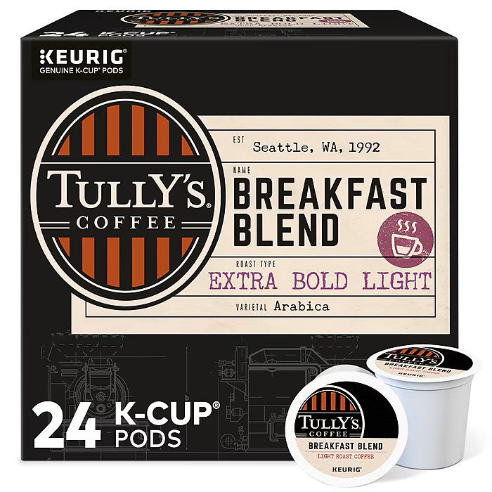 KupofK Coffee Tully's Breakfast Blend coffee K-cups, single-serve pods for Keurig brewers, rich and aromatic breakfast coffee.