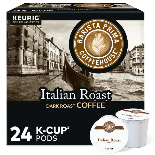 KupofK Coffee Barista Prima Italian Roast K-cups, coffee pods with rich, bold Italian roast flavor in a 24-count package.