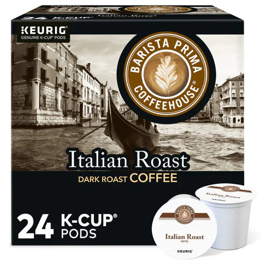 KupofK Coffee Barista Prima Italian Roast K-cups, coffee pods with rich, bold Italian roast flavor in a 24-count package.