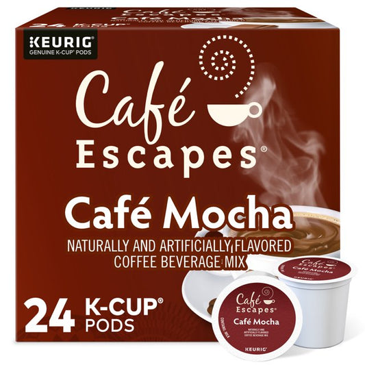 KupofK Coffee Cafe Escapes Cafe Mocha Keurig K-cups for coffee brewing, showing a box of 24 mocha-flavored K-cups.