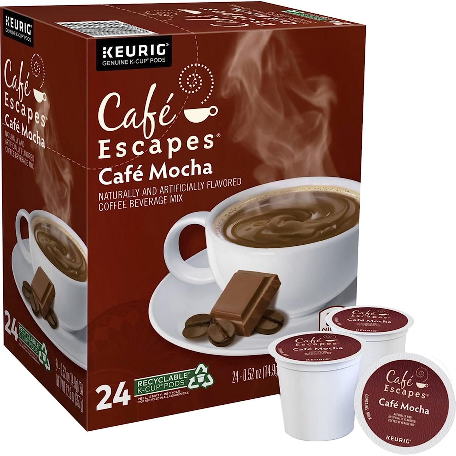KupofK Coffee Cafe Escapes Cafe Mocha Keurig K-cups for coffee brewing, showing 24-pack box with mocha-flavored coffee cups.
