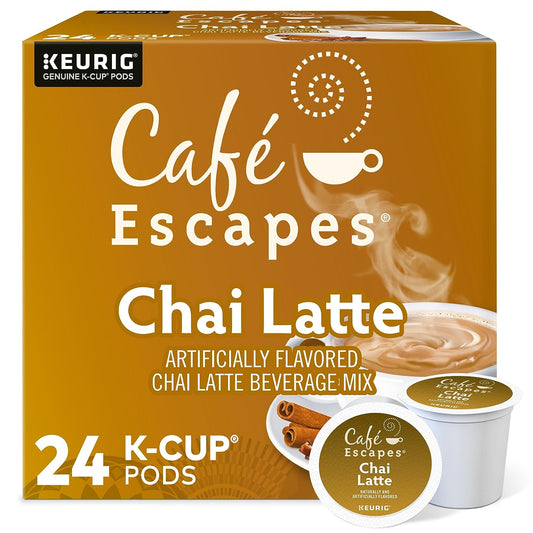 KupofK Coffee Café Escapes Chai Latte K-cups for coffee makers, 24-count box with aromatic chai flavor and warm, spiced notes.