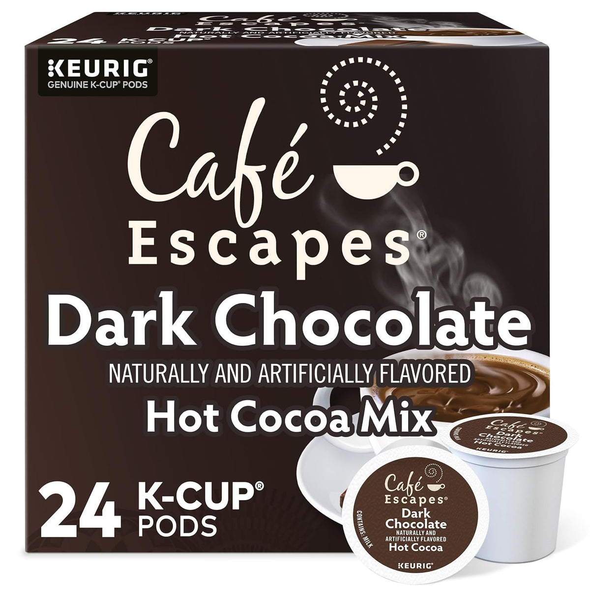 KupofK Coffee Cafe Escapes Dark Chocolate Hot Cocoa K-cups, 24-pack, featuring rich chocolate-flavored coffee pods for Keurig brewers.